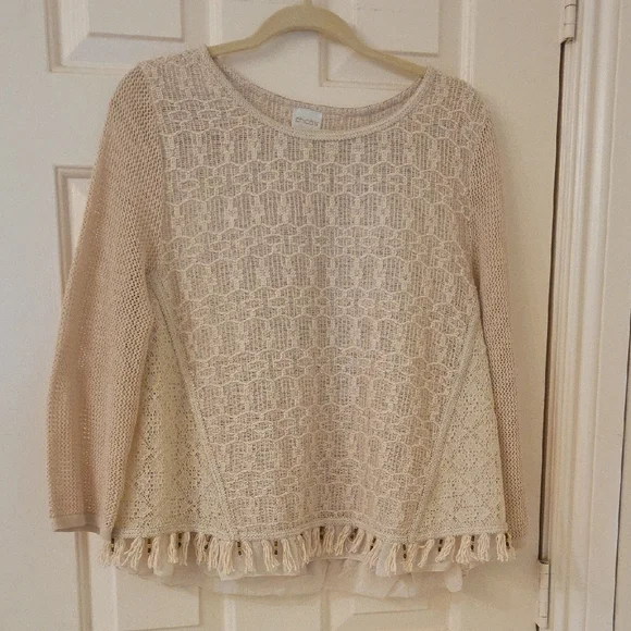 Chico's Boho Style Cream Lace Blouse with Fringe And Lace - Picture 11 of 12